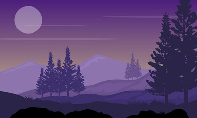 Beautiful scenery at night with the amazing full moon. Vector illustration
