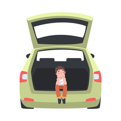 Little Kid Sitting in Car Trunk Taking Picture Vector Illustration