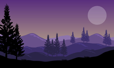 Nice views trees and mountains at a full moon. Vector illustration