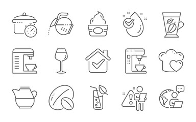 Water drop, Boiling pan and Love cooking line icons set. Mint leaves, Water glass and Coffee maker signs. Bordeaux glass, Coffee machine and Milk jug symbols. Ice cream, Soy nut. Vector