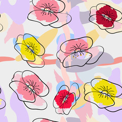 Pink poppy flower with green leaves, drawing in the sketch technique with stylized watercolor spots, seamless pattern