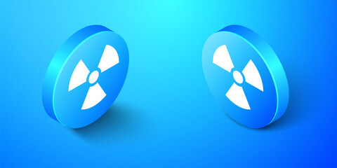 Isometric Radioactive icon isolated on blue background. Radioactive toxic symbol. Radiation Hazard sign. Blue circle button. Vector.