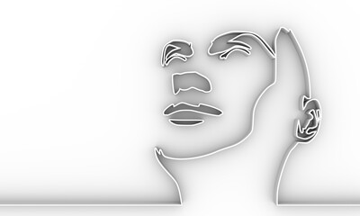 Elegant silhouette of a female head. Portrait of a happy smiled woman. Thin line style. 3D rendering