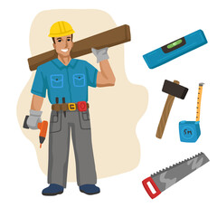 Builder carpenter . Professions, character and items for his work. Children's education. Exercise for preschoolers. Vector flat cartoon illustration.