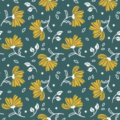 Rolgordijnen hand-drawn seamless pattern with yellow flowers on a green background © aninna