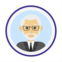 Smiling man face with white hair, beard and mustache and wearing glasses. Male face. Man avatar on blue background. Handsome mature man portrait. Isolated flat vector illustration.