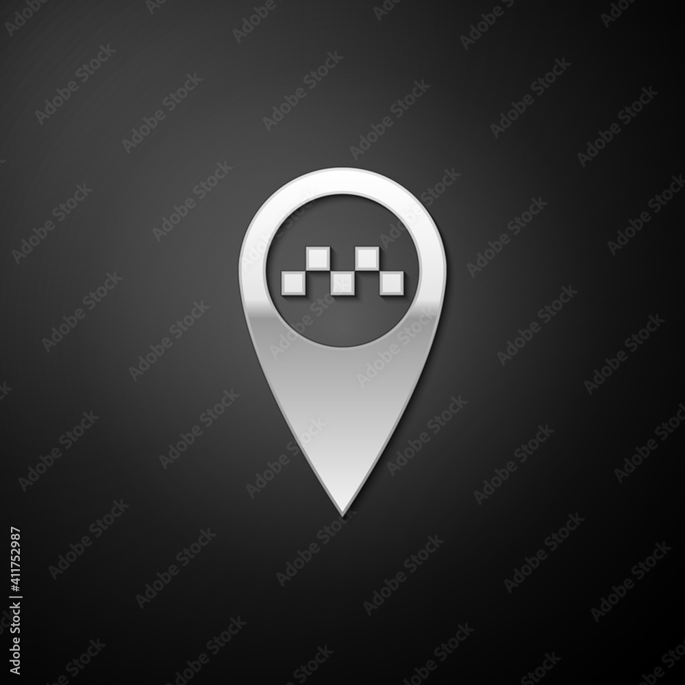 Poster silver map pointer with taxi icon isolated on black background. long shadow style. vector.