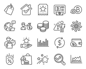 Finance icons set. Included icon as Tips, Analytics, Loyalty program signs. Loyalty ticket, Bar diagram, Refresh bitcoin symbols. Versatile, Loan percent, Trade chart. Bitcoin atm, Sallary. Vector