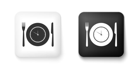 Black and white Plate with clock, fork and knife icon isolated on white background. Lunch time. Eating, nutrition regime, meal time and diet concept. Square button. Vector.