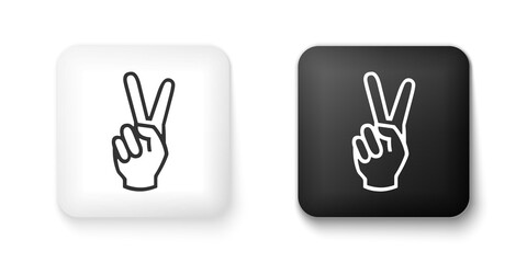 Black and white Hand showing two finger icon isolated on white background. Victory hand sign. Square button. Vector.