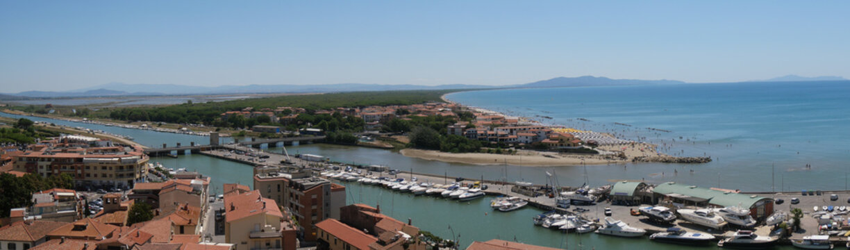 Panorama on the coast lapped by the Tyrrhenian Sea and of the wetland of the Maremma from the balcony of Solti Square in Castiglione della Pescaia.