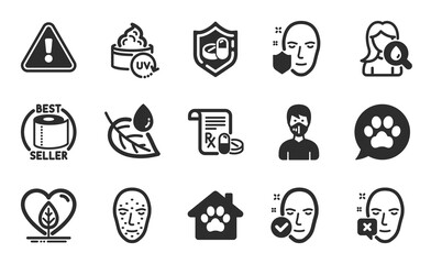 Medical tablet, Face biometrics and Toilet paper icons simple set. Pet shelter, Uv protection and Face protection signs. Health skin, Medical prescription and Local grown symbols. Vector