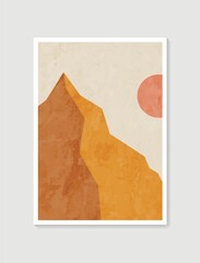 Mountain wall art. Vector earth tones landscapes backgrounds set with moon and sun. Abstract arts design for wall framed prints, poster, cover, home decor, canvas prints, wallpaper.