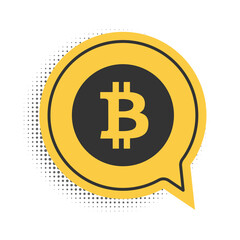 Black Cryptocurrency coin Bitcoin icon isolated on white background. Physical bit coin. Digital currency. Blockchain based secure crypto currency. Yellow speech bubble symbol. Vector.