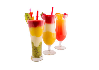 Three different Cocktails with ice and straws isolated on white background