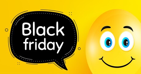 Black Friday Sale. Easter egg with smile face. Special offer price sign. Advertising Discounts symbol. Easter smile character. Black friday black speech bubble. Yellow egg background. Vector