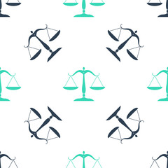 Green Scales of justice icon isolated seamless pattern on white background. Court of law symbol. Balance scale sign. Vector.