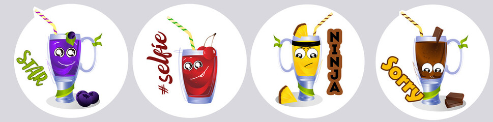 Smoothie vector stickers set. Food cartoon badges with inspirational quotes. Red, yellow, green, black color.	
