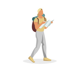 Tourist male character walking and holding map. Traveler man with backpack going hiking and looking route. Backpacker searching right direction. Travel vector isolated illustration