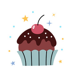 Chocolate muffin with cherries in modern pastel colors. Picture for Valentine's Day. Romantic mood. Stylish picture in flat style.