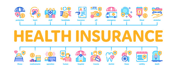 Health Insurance Care Minimal Infographic Web Banner Vector. Medical Insurance Agreement And Healthcare Service, Ambulance Car And Hospital Ward Color Illustration