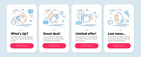 Set of Healthcare icons, such as Washing hands, Medical mask, Blood donation symbols. Mobile screen banners. No alcohol line icons. Gloves, Surgical mask, Medicine analyze. Mineral oil. Vector