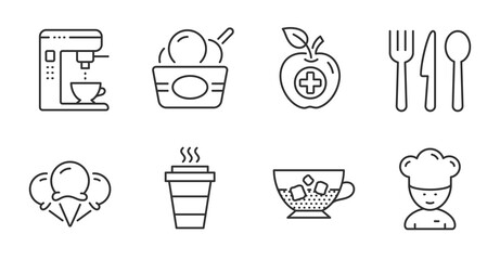 Cold coffee, Ice cream and Coffee maker line icons set. Food, Ice creams and Cooking chef signs. Medical food, Takeaway symbols. Sundae cup, Tea machine, Cutlery. Food and drink set. Vector