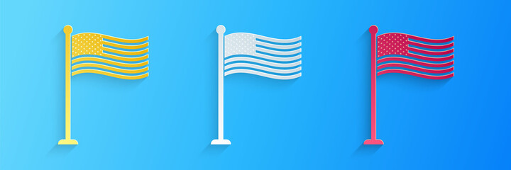 Paper cut National flag of USA on flagpole icon isolated on blue background. American flag sign. Paper art style. Vector.