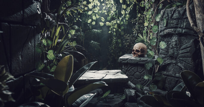 Human skull and ancient ruins in the jungle