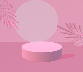 Product display podium decorated with tropical palm leaves on pink background, 3d illustration	
