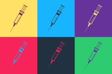 Pop art Syringe icon isolated on color background. Syringe sign for vaccine, vaccination, injection, flu shot. Medical equipment. Vector.