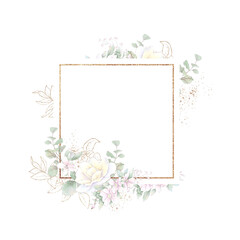Gold geometric frame with roses. Watercolor illustration