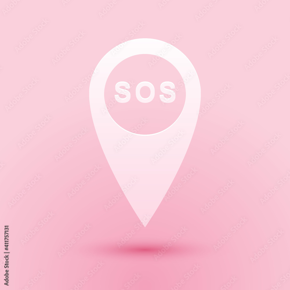 Poster paper cut marker location with sos icon isolated on pink background. sos call location marker. map p