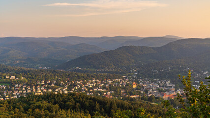 Evening light over the landscape of the Northern Black Forest near Baden-Baden, Baden-Wuerttemberg, Germany