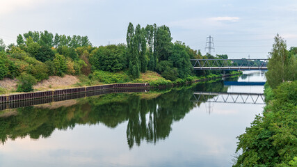 The Rhine-Herne Canal, seen from the Nordsternpark, Gelsenkirchen, North Rhine-Westfalia, Germany
