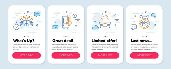 Set of Business icons, such as Sports arena, Ice cream, Refrigerator symbols. Mobile screen banners. Dog competition line icons. Event stadium, Sundae cup, Kitchen fridge. Winner medal. Vector