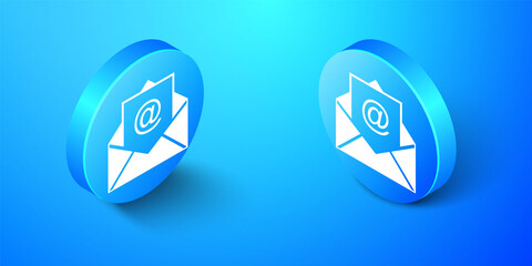 Isometric Mail and e-mail icon isolated on blue background. Envelope symbol e-mail. Email message sign. Blue circle button. Vector.