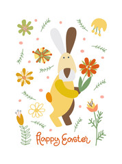 Vector illustration. Yellow rabbit among flowers with the inscription Happy Easter. For poster and congratulation..