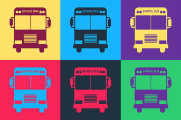 Pop art School Bus icon isolated on color background. Vector.