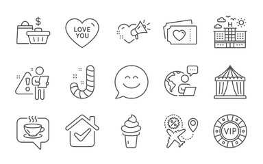 Sale bags, Flight sale and Circus tent line icons set. Ice cream, Smile chat and Vip chip signs. Coffee, Love tickets and Hotel symbols. Love you, Candy. Shopping cart, Travel discount. Vector