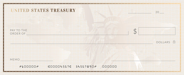 Blank stimulus bank check template. Fake checkbook mockup. - obrazy, fototapety, plakaty