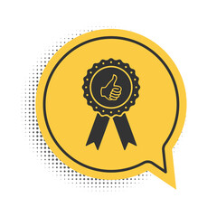 Black Thumbs up on medal badge with ribbons icon isolated on white background. Yellow speech bubble symbol. Vector.
