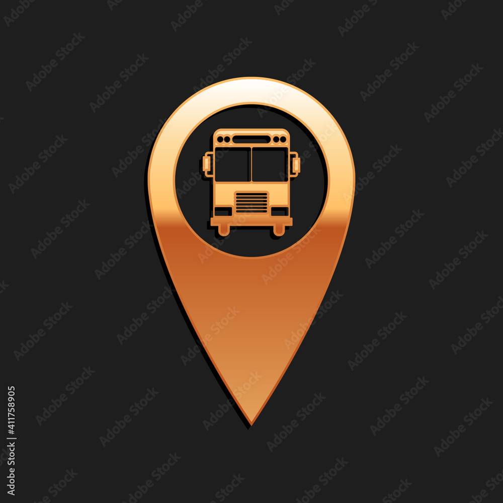 Poster gold map pointer with bus icon isolated on black background. long shadow style. vector.