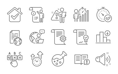 Fototapeta na wymiar Internet document, Fast verification and Facts line icons set. Business statistics, Approved agreement and Technical documentation signs. Line icons set. Vector