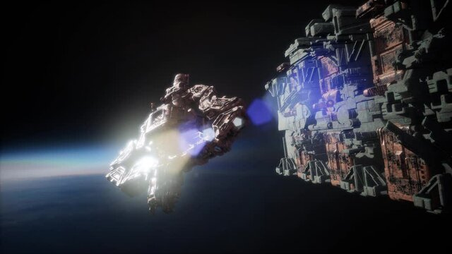 flying an animated space station. 3d rendering. elements furnished by Nasa