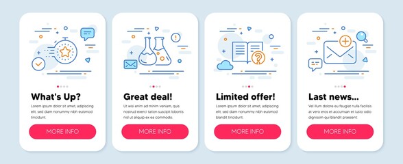 Set of Education icons, such as Timer, Chemistry lab, Help symbols. Mobile screen app banners. New mail line icons. Deadline management, Laboratory, Documentation. Add e-mail. Timer icons. Vector