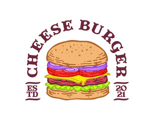 label emblem of cheese burger in doodle vintage design.