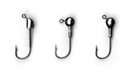 Hooks, bait and heads for sporty and amateur fishing. Used to catch large and predatory fish. White isolated background