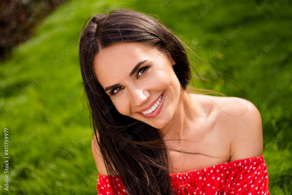 Poster photo of adorable shiny young lady wear red off-shoulders dress sitting green grass relaxing outside