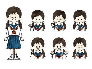 女子学生の表情セット-水彩